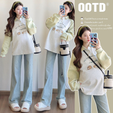 批发实拍~新款孕妇装拼接上衣春装POLO领时尚宽松大码百搭长袖T桖