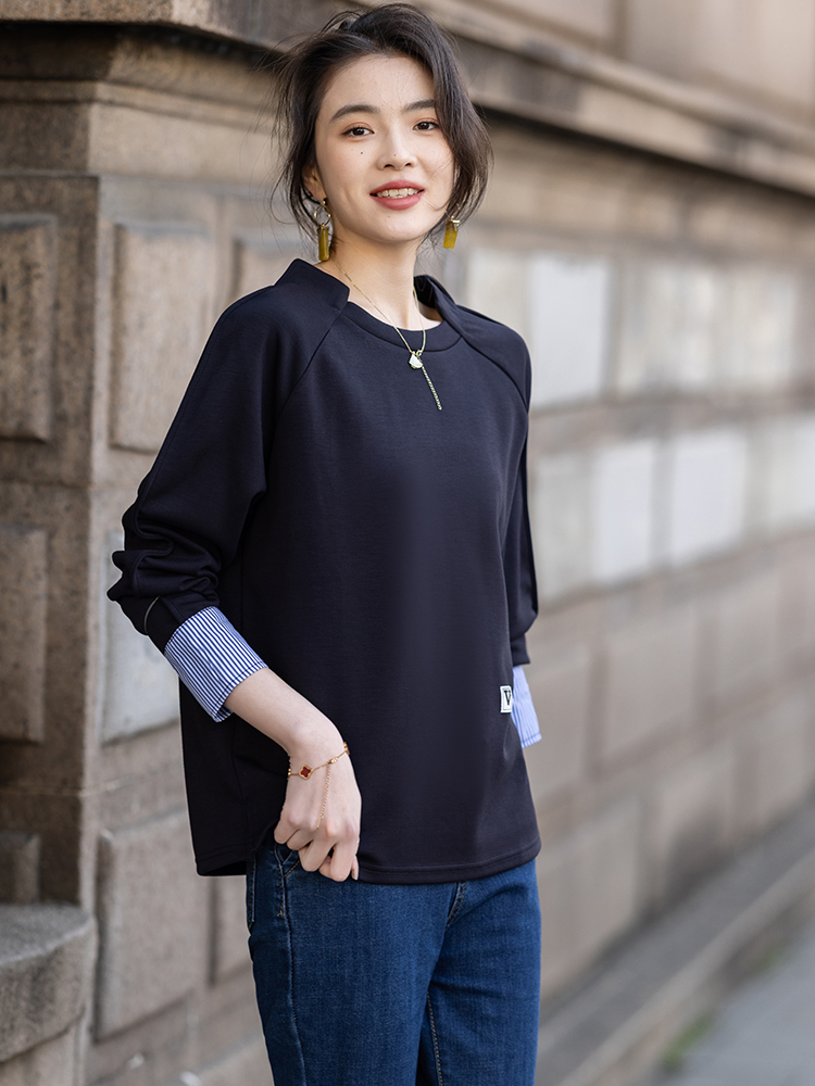 제한 가격 12+ 작은 동영상 패치워크 배색 디자인 센스 긴팔 후드티 여성 가을 의상 루즈핏 슬림해 보이는 풀오버 맨위