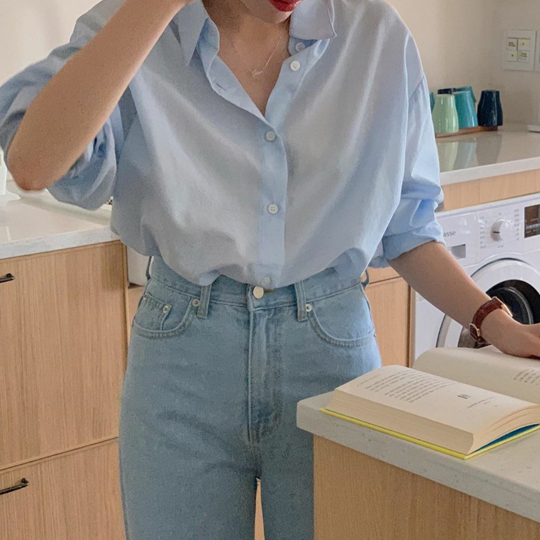 봄 가을 따뜻한 색 미니멀리즘 클래식 단색 폴로 칼라 루즈핏 다용도 긴팔 셔츠