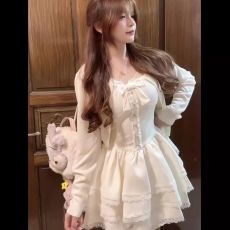 批发法式甜美独特超好看开衫外套<b class='q'>蓬蓬</b>蛋糕<b class='q'>连衣裙</b>两件套小个子春秋穿搭