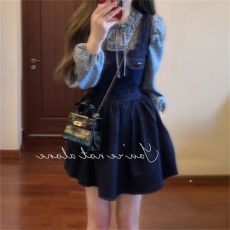 批发春秋穿搭一整套女宽松复古蝴蝶结<b class='q'>牛仔</b>背带连衣裙波点系带花边衬衫