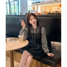 批发春秋穿搭一整套女宽松复古蝴蝶结<b class='q'>牛仔</b>背带连衣裙波点系带花边衬衫