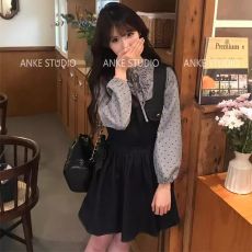 批发春秋穿搭一整套女宽松复古蝴蝶结<b class='q'>牛仔</b>背带连衣裙波点系带花边衬衫