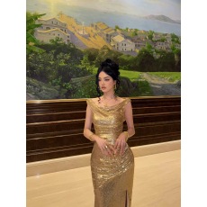 批发鎏金盛宴宫廷复古荡领露背<b class='q'>一字肩</b>金色连衣长裙晚礼服