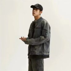 批发复古垫肩水洗立领牛仔夹克男痞帅<b class='q'>嘻哈</b>百搭高级感外套ins潮牌小众