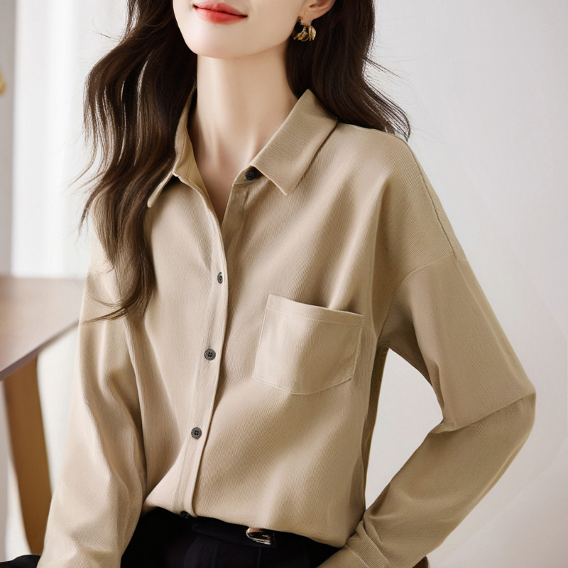 실사 외국 가스 캐주얼 가을 새로운 여성 의류 폴로 칼라 코듀로이 쉬폰 블라우스 맨위 오픈 가디건 셔츠 만나는 셔츠
