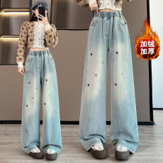 批发实拍 星星绣花牛仔长裤宽松紧高腰直筒拖地显瘦<b class='q'>加肥</b>大码<b class='q'>女装</b>230斤