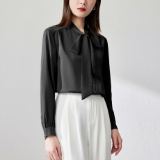 实拍 高级感黑色缎面衬衫女春秋长袖气质通勤职业面试蝴蝶结衬衣