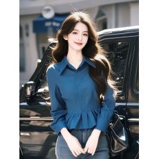 批发有货 2026春秋季新款蓝色长袖<b class='q'>衬衫</b>收腰上衣短款遮肚长袖<b class='q'>衬衣</b>