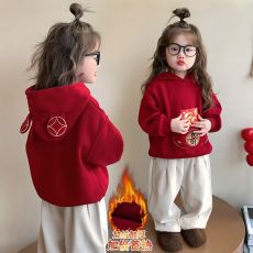 批发男女宝宝国风休闲大红色卫衣中小童秋冬新款洋气加绒加厚连帽上衣