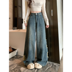 批发实拍大码小众高街破洞牛仔裤水洗复古磨破个性拼接直筒阔腿拖地裤