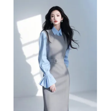 批发2026早秋穿搭一整套职业<b class='q'>女装</b>小香风灰色背心连衣裙叠穿衬衫套装女