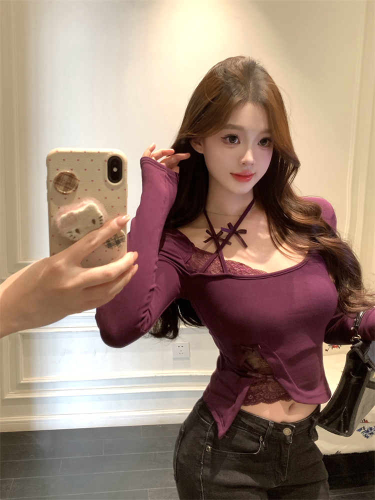 순수한 욕망 핫걸 행침 목 패치워크 레이스 긴팔 티셔츠 기본 셔츠 섹시함 슬림해 보이는 Chic 아름다운 맨위 여성