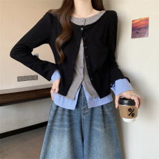 批发<b class='q'>实拍</b>胖MM拼接撞色三层开衫<b class='q'>衬衫</b>袖修身显瘦<b class='q'>T</b><b class='q'>恤</b>打底上衣假两件