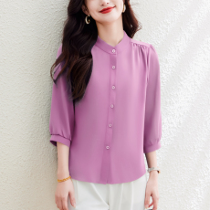 实拍  2026年夏季新款洋气七分袖上衣气质减龄中袖女式衬衫