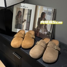 批发小个子5CM~内增高真皮勃肯鞋女厚底半拖春季新复古松糕穆勒鞋包头