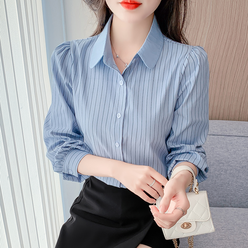 MY2554# 新款翻领条纹衬衫女宽松显瘦百搭长袖上衣女裝貨源服裝批發