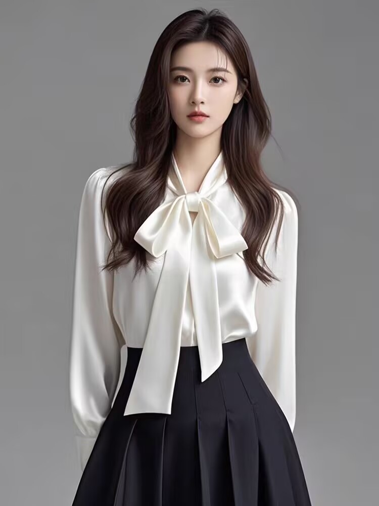 봄 가을 새로운 고급 센스 품격 리본 나비 매듭 셔츠 여성 긴 소매 경력 교 자본금 착용 가져 가라. 흰 셔츠