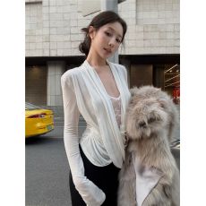 批发180克莫代尔+蕾丝 蕾丝拼接假两件荡领<b class='q'>T</b>恤长袖修身设计感纯欲上衣