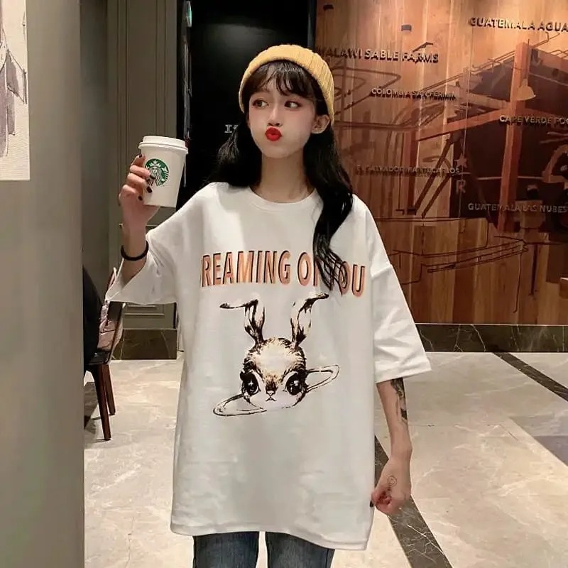 있음 선적 순면 대외 무역 여름 드레스 느긋한 루즈핏 알파벳 만화 프린트 반팔 티셔츠 한 부서 하라주쿠 맨위