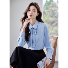 批发2026春季蓝色衬衫女士教资穿搭蝴蝶结衬衣<b class='q'>职业</b>面试正装内搭上衣
