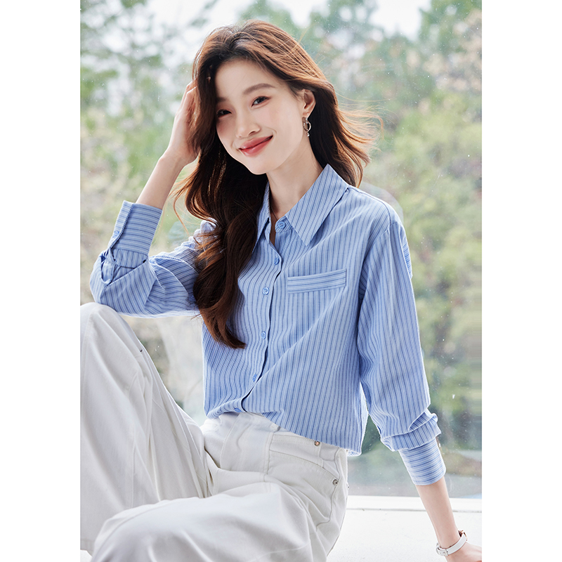 미니멀리즘 패션 파란색 스트라이프 여성 셔츠 가을 새로운 인사이드 잡아라. 의류 출퇴근 다용도 셔츠 재킷