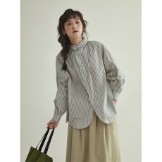 批发官 法式蓝色条纹立领长袖衬衫女<b class='q'>春</b>秋2024新款衬衣高级设计感上衣