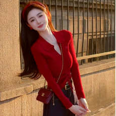 批发【圣诞红新年红】polo领针织衫2025秋冬新款修身v领毛衣打底上衣