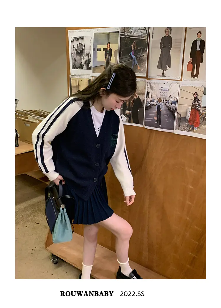 프레피 스타일 배색 V넥 울 니트 가디건 상세 이미지 7