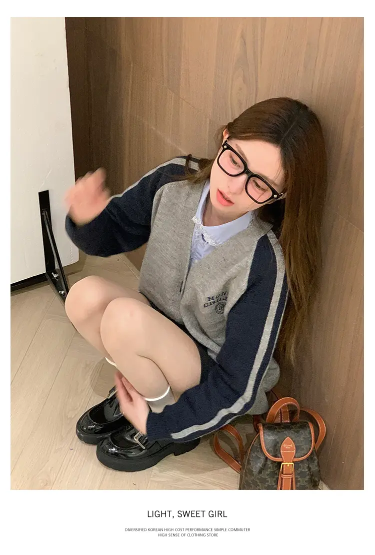 프레피 스타일 배색 V넥 울 니트 가디건 상세 이미지 11