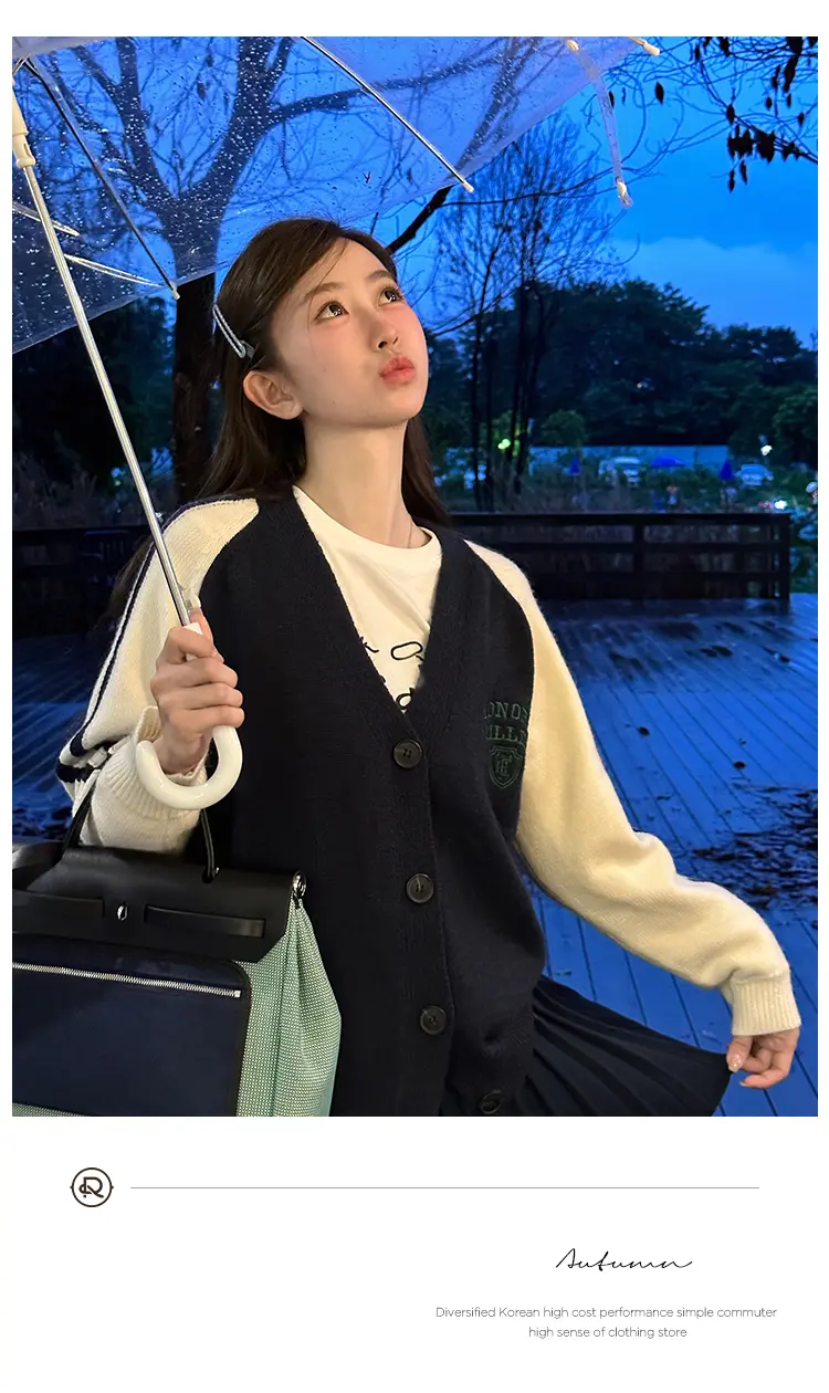 프레피 스타일 배색 V넥 울 니트 가디건 상세 이미지 18