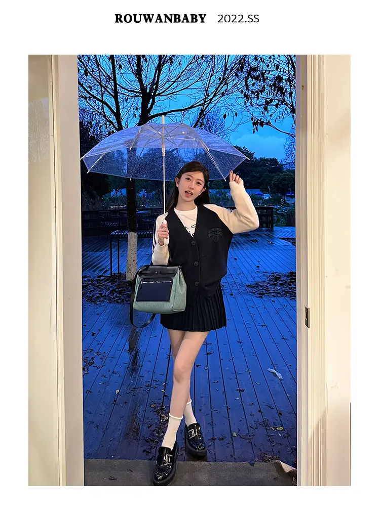 프레피 스타일 배색 V넥 울 니트 가디건 상세 이미지 20