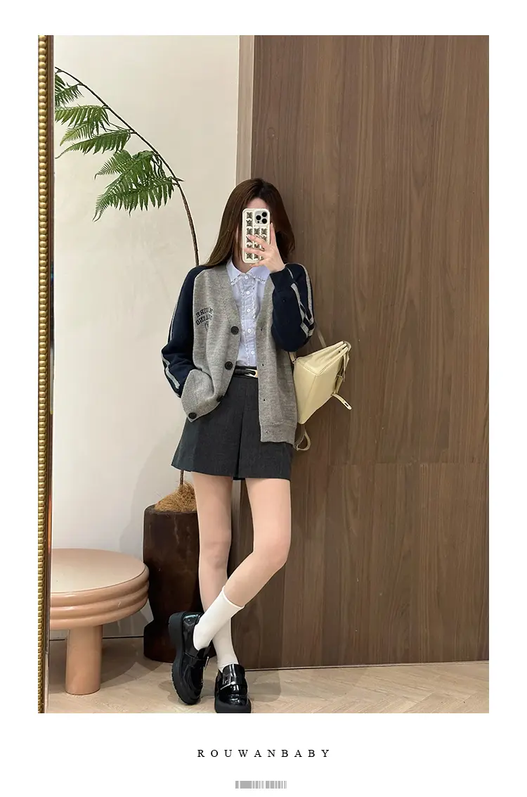 프레피 스타일 배색 V넥 울 니트 가디건 상세 이미지 23