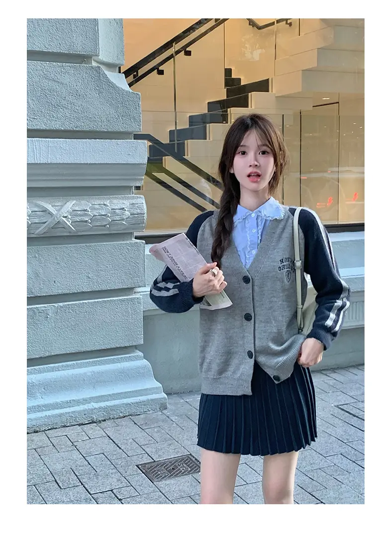프레피 스타일 배색 V넥 울 니트 가디건 상세 이미지 25