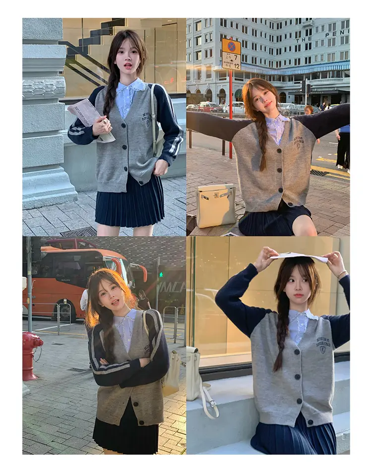 프레피 스타일 배색 V넥 울 니트 가디건 상세 이미지 26