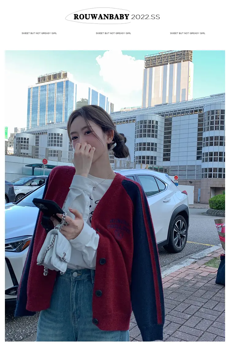 프레피 스타일 배색 V넥 울 니트 가디건 상세 이미지 31