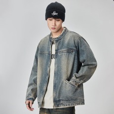 批发复古垫肩水洗立领牛仔夹克男痞帅<b class='q'>嘻哈</b>百搭高级感外套ins潮牌小众