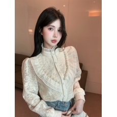 批发实拍<b class='q'>春秋</b>气质荷叶领拼接钉珠荷叶边爱心泡泡袖甜美单排扣开衫衬衣