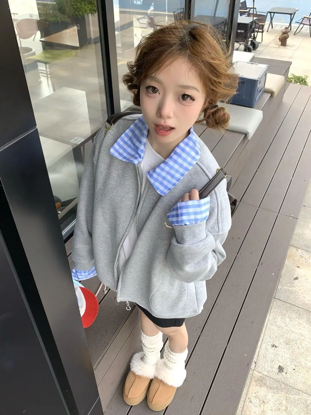 프레피 스타일 배색 체크 폴드 칼라 가디건 상세 이미지 1