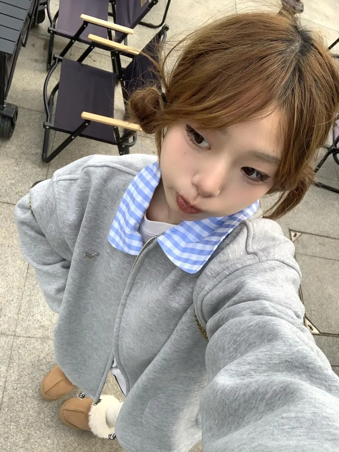프레피 스타일 배색 체크 폴드 칼라 가디건 상세 이미지 2