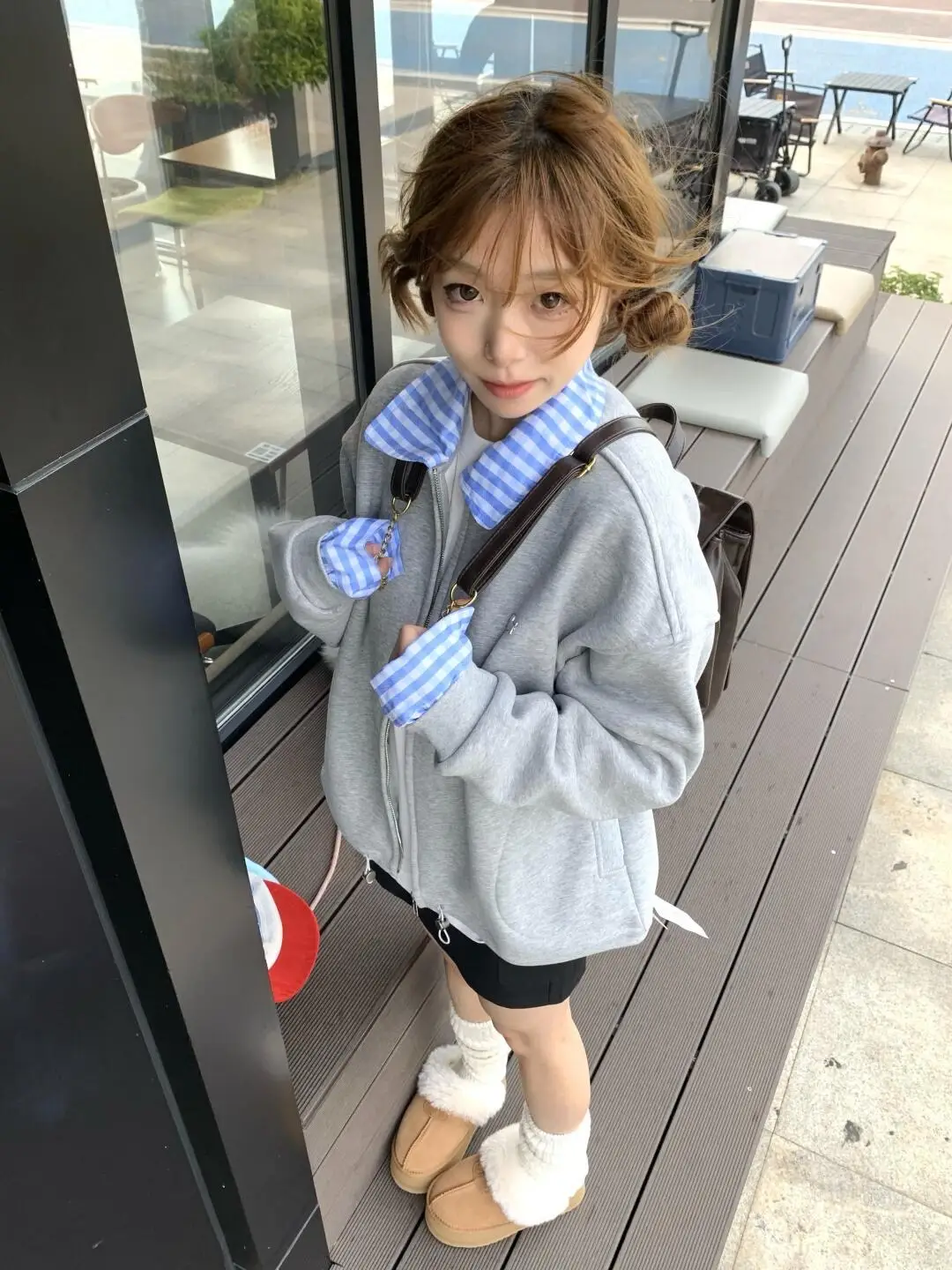 프레피 스타일 배색 체크 폴드 칼라 가디건 상세 이미지 4