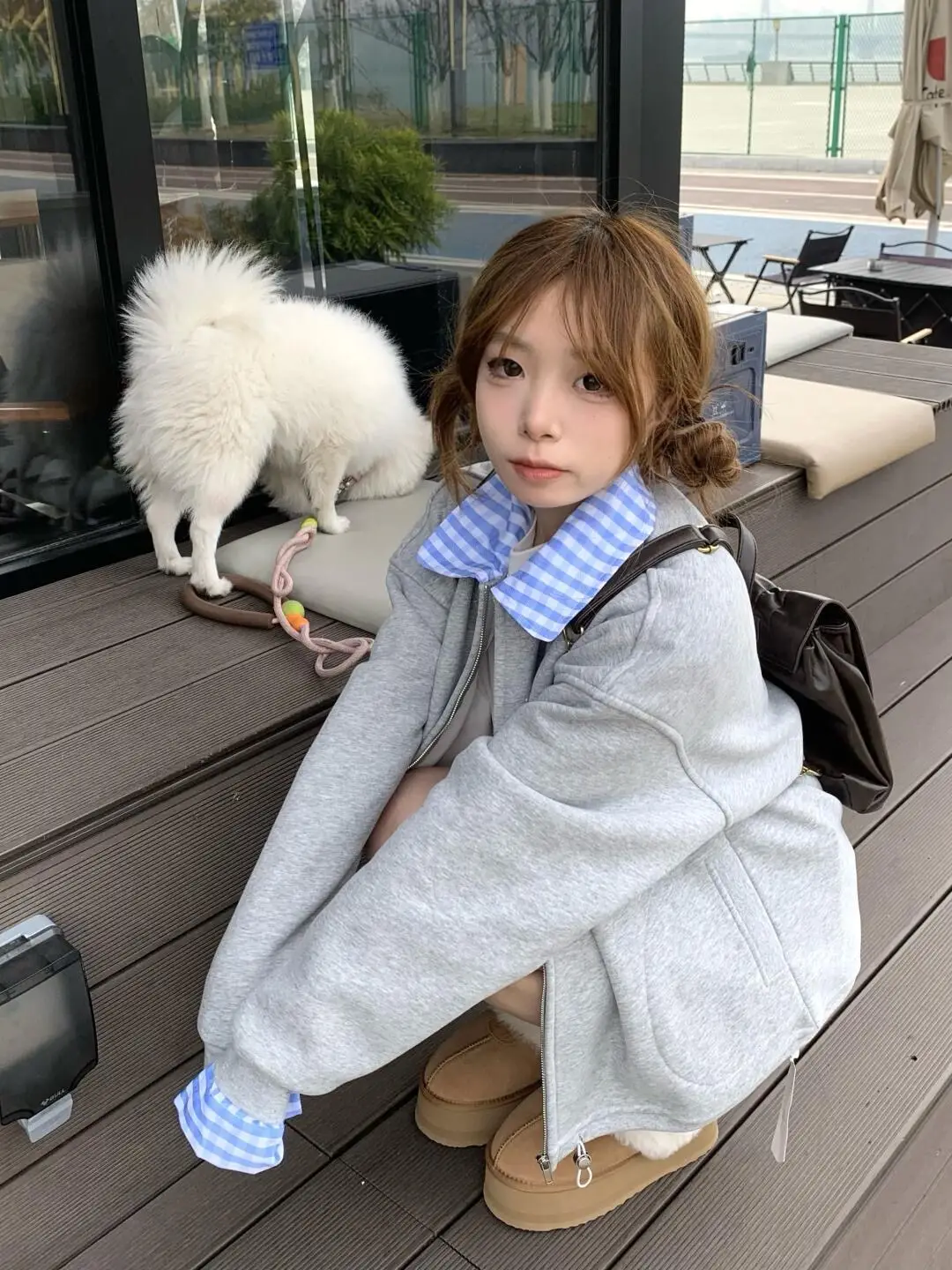 프레피 스타일 배색 체크 폴드 칼라 가디건 상세 이미지 6