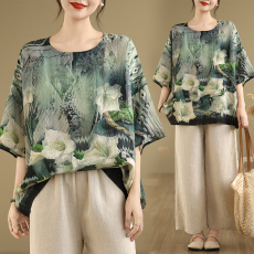 批发<b class='q'>实拍</b>2026夏季新品麻棉民族风蝙蝠袖宽松<b class='q'>大码</b>圆领T恤女