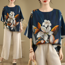 批发<b class='q'>实拍</b>2026夏季新品麻棉民族风蝙蝠袖宽松<b class='q'>大码</b>圆领T恤女