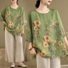 批发<b class='q'>实拍</b>2026夏季新品麻棉民族风蝙蝠袖宽松<b class='q'>大码</b>圆领T恤女