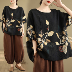 批发<b class='q'>实拍</b>2026夏季新品麻棉民族风蝙蝠袖宽松<b class='q'>大码</b>圆领T恤女