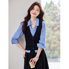 批发蓝色格子衬衫女春季2026年新款设计感通勤V领衬衣+马甲