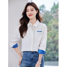 批发别致口袋设计纯棉拼色衬衫女2026春季新款简约polo领长袖上衣