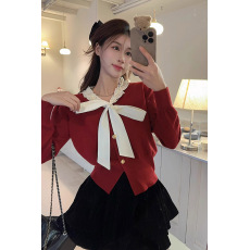 批发新年红抖音天猫品质新款蝴蝶结绑带长袖<b class='q'>针织</b>衫上衣气质毛衣<b class='q'>开衫</b>女