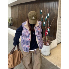 批发美式复古双面穿格子马甲棉服女冬季宽松加厚保暖羊羔毛外套